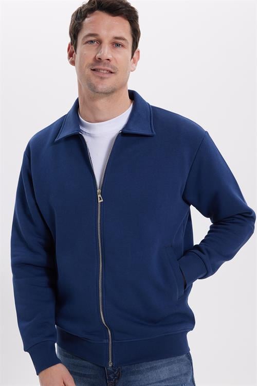 Unisex Relax Fit Rahat Kesim Pamuklu İç Polarlı Fermuarlı Lacivert Polo Yaka Flato Cepli Sweatshirt Hırka