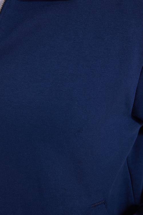 Unisex Relax Fit Rahat Kesim Pamuklu İç Polarlı Fermuarlı Lacivert Polo Yaka Flato Cepli Sweatshirt Hırka