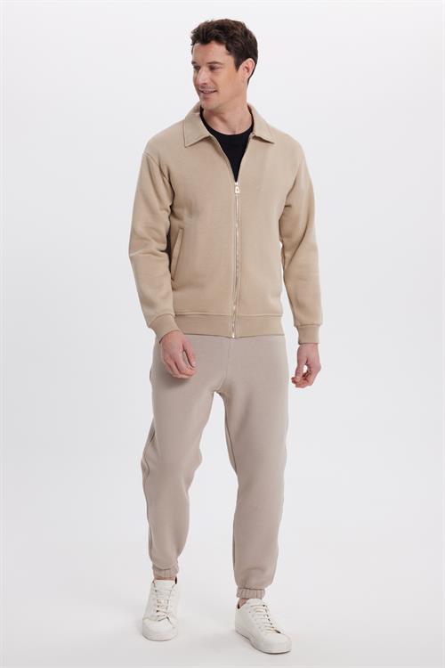 Unisex Relax Fit Rahat Kesim Pamuklu İçi Polarlı Fermuarlı Koyu Bej Polo Yaka Flato Cepli Sweatshirt Hırka