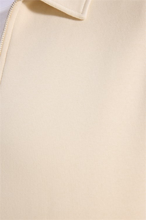 Unisex Relax Fit Rahat Kesim Pamuklu İç Polarlı Fermuarlı Bej Polo Yaka Flato Cepli Sweatshirt Hırka
