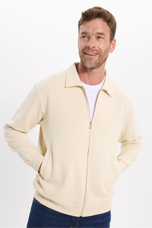 Unisex Relax Fit Rahat Kesim Pamuklu İç Polarlı Fermuarlı Bej Polo Yaka Flato Cepli Sweatshirt Hırka