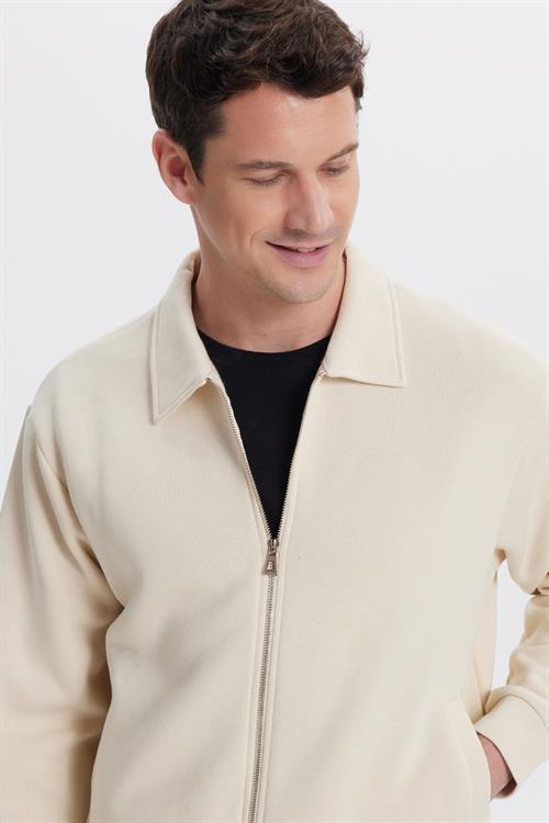 Unisex Relax Fit Rahat Kesim Pamuklu İç Polarlı Fermuarlı Bej Polo Yaka Flato Cepli Sweatshirt Hırka