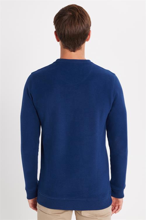 Erkek Slim Fit Dar Kesim Pamuklu Selanik Kumaş Bisiklet Yaka İndigo Sweatshirt