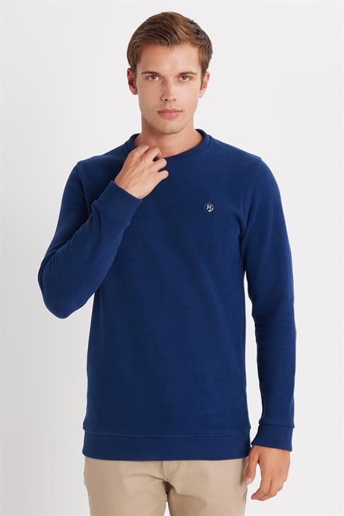 Erkek Slim Fit Dar Kesim Pamuklu Selanik Kumaş Bisiklet Yaka İndigo Sweatshirt - 1 Alana 1 Bedava
