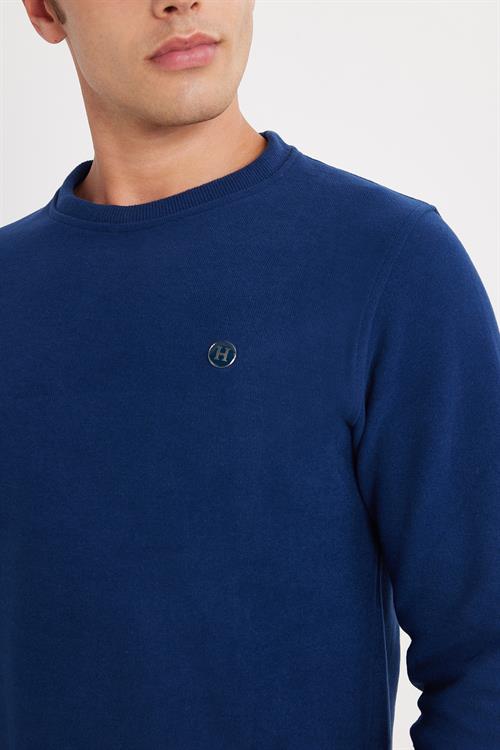 Erkek Slim Fit Dar Kesim Pamuklu Selanik Kumaş Bisiklet Yaka İndigo Sweatshirt
