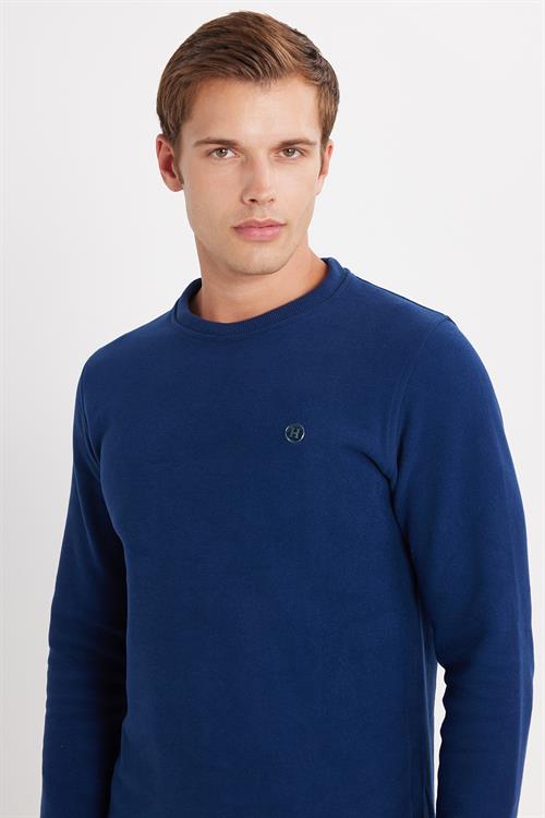 Erkek Slim Fit Dar Kesim Pamuklu Selanik Kumaş Bisiklet Yaka İndigo Sweatshirt