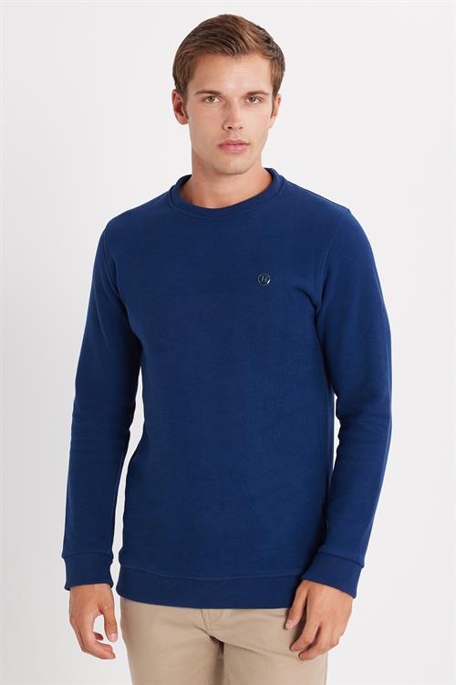 Erkek Slim Fit Dar Kesim Pamuklu Selanik Kumaş Bisiklet Yaka İndigo Sweatshirt