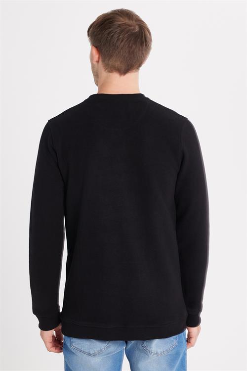 Erkek Slim Fit Dar Kesim Pamuklu Selanik Kumaş Bisiklet Yaka Siyah Sweatshirt