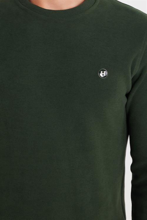 Erkek Slim Fit Dar Kesim Pamuklu Selanik Kumaş Bisiklet Yaka Yeşil Sweatshirt