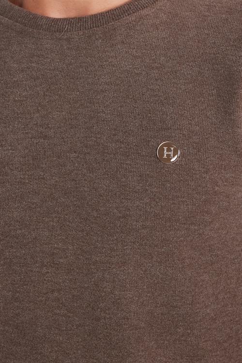 Erkek Slim Fit Dar Kesim Pamuklu Selanik Kumaş Bisiklet Yaka Kahverengi Sweatshirt
