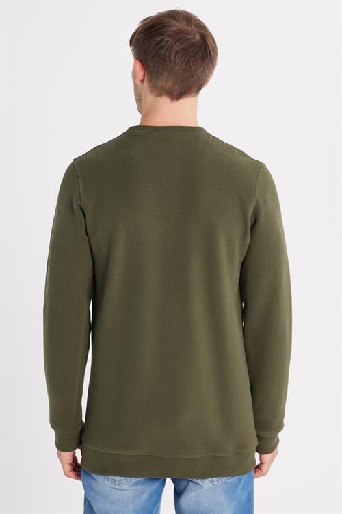 Erkek Slim Fit Dar Kesim Pamuklu Selanik Kumaş Bisiklet Yaka Haki Sweatshirt