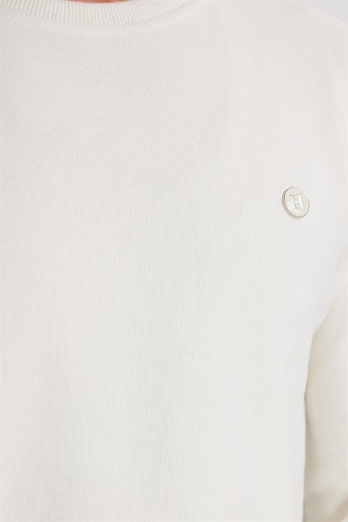 Erkek Slim Fit Dar Kesim Pamuklu Selanik Kumaş Bisiklet Yaka Ekru Sweatshirt