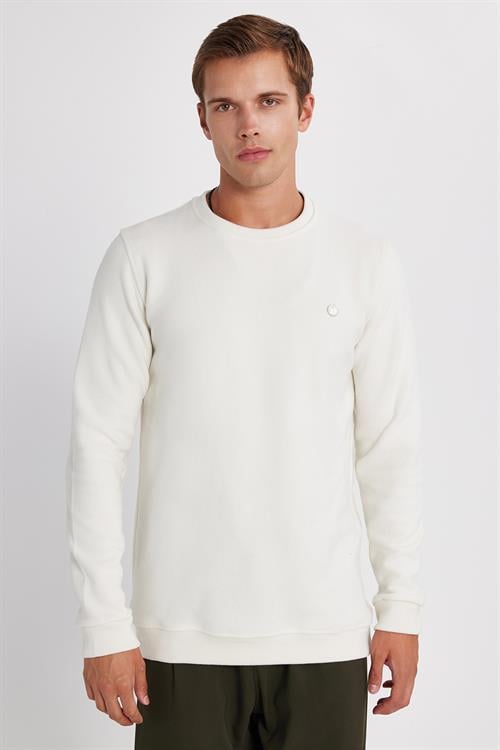 Erkek Slim Fit Dar Kesim Pamuklu Selanik Kumaş Bisiklet Yaka Ekru Sweatshirt