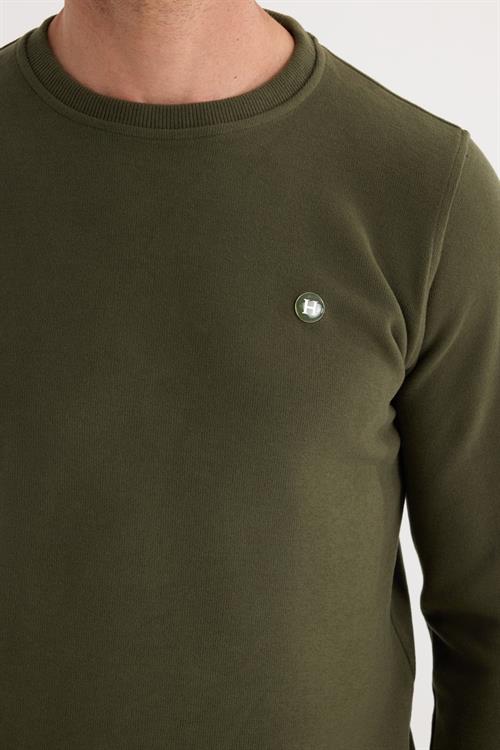 Erkek Slim Fit Dar Kesim Pamuklu Selanik Kumaş Bisiklet Yaka Haki Sweatshirt