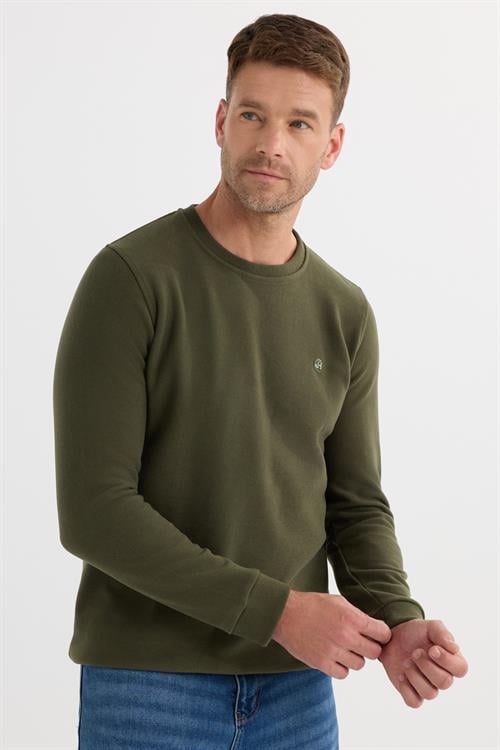 Erkek Slim Fit Dar Kesim Pamuklu Selanik Kumaş Bisiklet Yaka Haki Sweatshirt