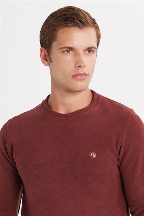 Erkek Slim Fit Dar Kesim Pamuklu Selanik Kumaş Bisiklet Yaka Kiremit Sweatshirt