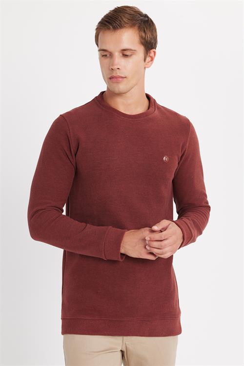 Erkek Slim Fit Dar Kesim Pamuklu Selanik Kumaş Bisiklet Yaka Kiremit Sweatshirt