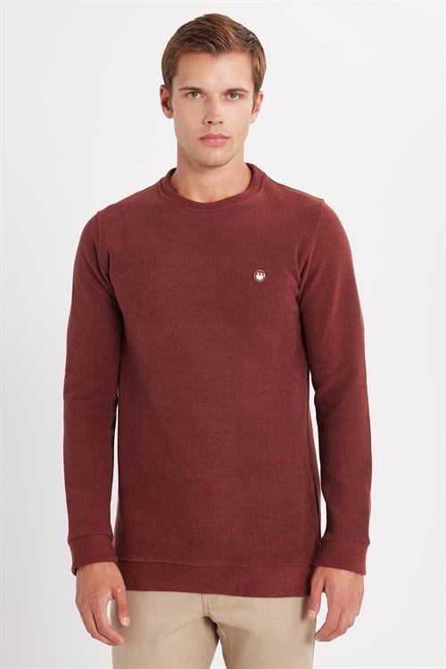 Erkek Slim Fit Dar Kesim Pamuklu Selanik Kumaş Bisiklet Yaka Kiremit Sweatshirt