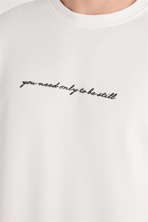 Erkek Standart Fit Pamuklu Bisiklet Yaka Şardonlu Baskılı Beyaz Sweatshirt 