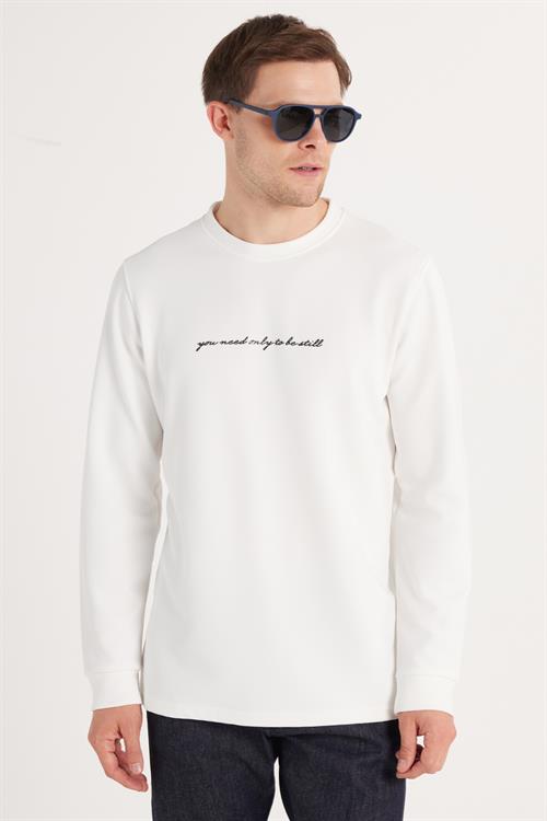 Erkek Standart Fit Pamuklu Bisiklet Yaka Şardonlu Baskılı Beyaz Sweatshirt 