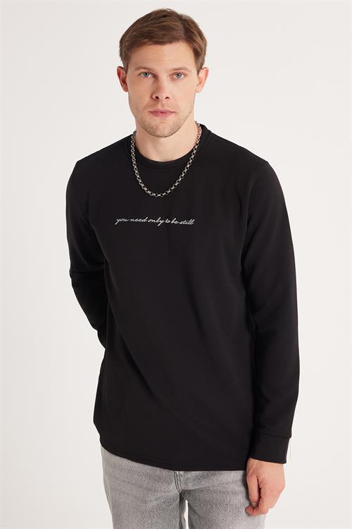 Erkek Standart Fit Pamuklu Bisiklet Yaka Şardonlu Baskılı Siyah Sweatshirt 