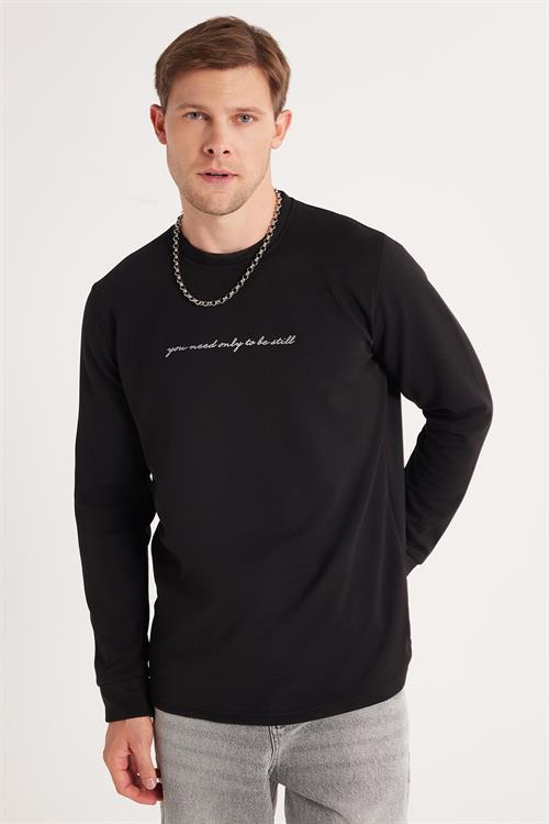 Erkek Standart Fit Pamuklu Bisiklet Yaka Şardonlu Baskılı Siyah Sweatshirt 