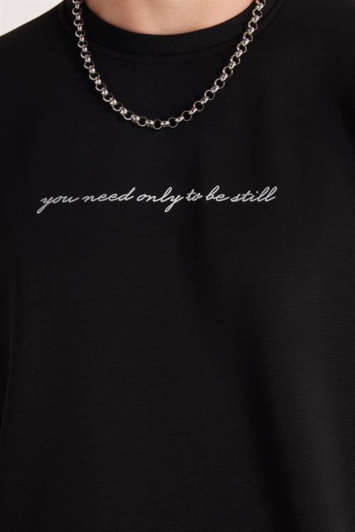 Erkek Standart Fit Pamuklu Bisiklet Yaka Şardonlu Baskılı Siyah Sweatshirt 