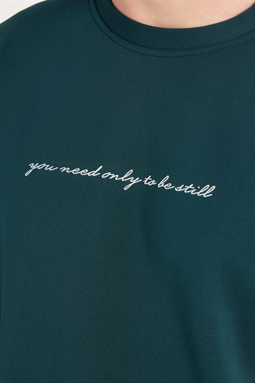 Erkek Standart Fit Pamuklu Bisiklet Yaka Şardonlu Baskılı Yeşil Sweatshirt 