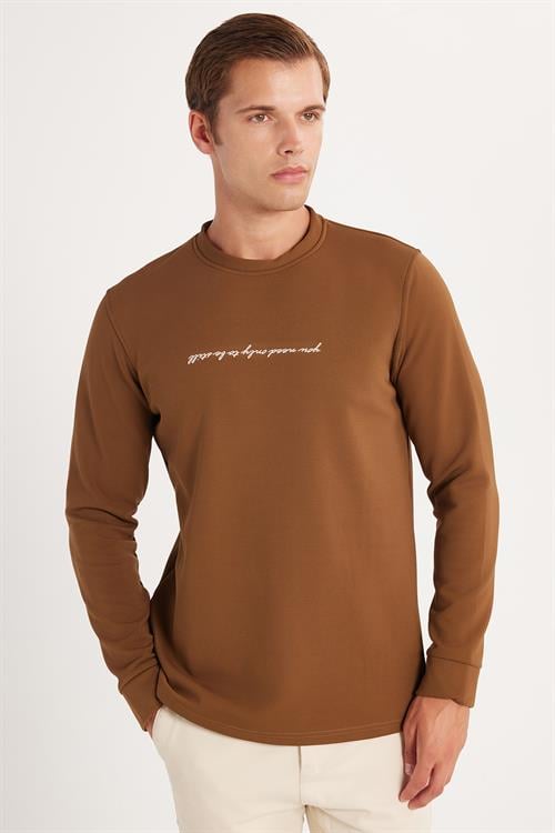 Erkek Standart Fit Pamuklu Bisiklet Yaka Şardonlu Baskılı Kahverengi Sweatshirt 
