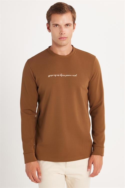 Erkek Standart Fit Pamuklu Bisiklet Yaka Şardonlu Baskılı Kahverengi Sweatshirt 