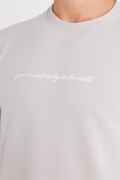 Erkek Standart Fit Pamuklu Bisiklet Yaka Şardonlu Baskılı Açık Gri Sweatshirt 