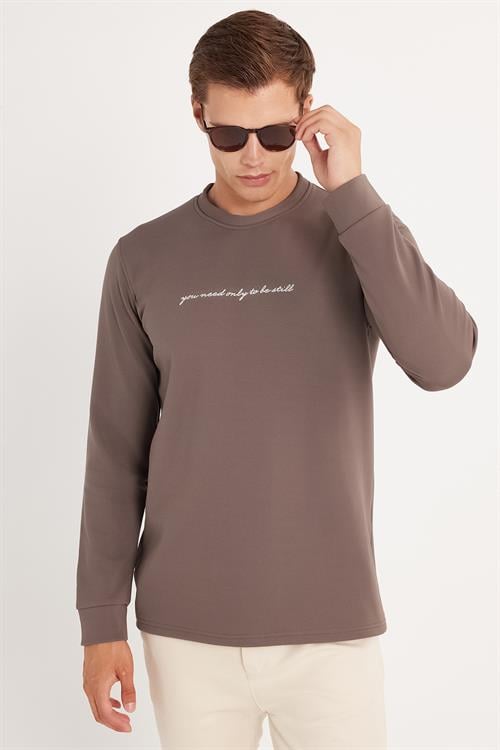 Erkek Standart Fit Pamuklu Bisiklet Yaka Şardonlu Baskılı Açık Kahverengi Sweatshirt 