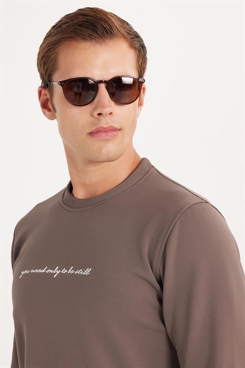 Erkek Standart Fit Pamuklu Bisiklet Yaka Şardonlu Baskılı Açık Kahverengi Sweatshirt 