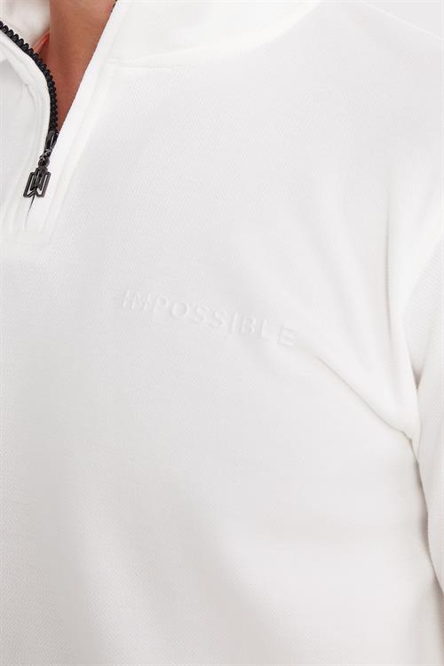 Erkek Slim Fit Dar Kesim Pamuklu Yarım Fermuarlı Dik Yaka Beyaz Sweatshirt