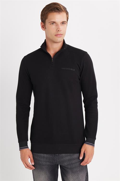 Erkek Slim Fit Dar Kesim Pamuklu Yarım Fermuarlı Dik Yaka Siyah Sweatshirt