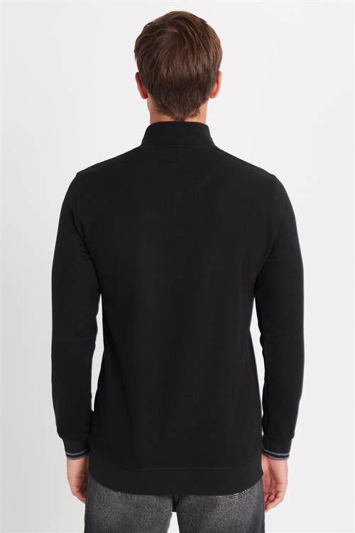 Erkek Slim Fit Dar Kesim Pamuklu Yarım Fermuarlı Dik Yaka Siyah Sweatshirt