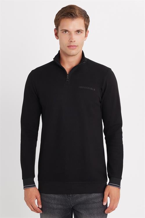 Erkek Slim Fit Dar Kesim Pamuklu Yarım Fermuarlı Dik Yaka Siyah Sweatshirt