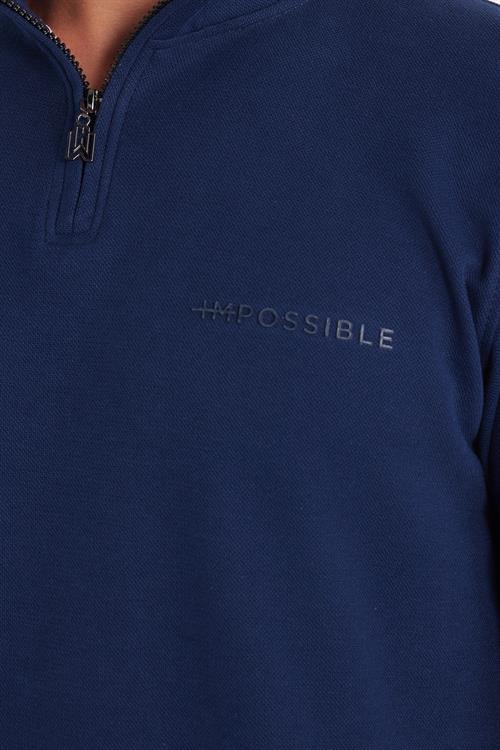 Erkek Slim Fit Dar Kesim Pamuklu Yarım Fermuarlı Dik Yaka Lacivert Sweatshirt