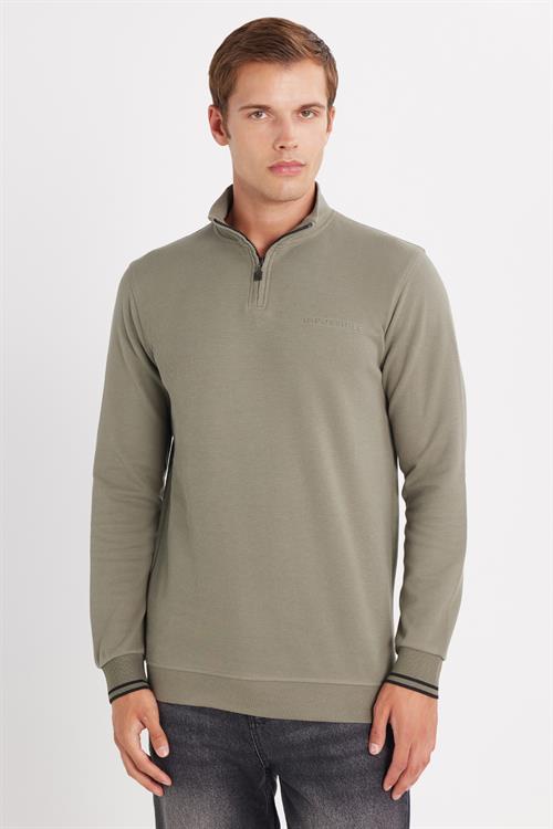 Erkek Slim Fit Dar Kesim Pamuklu Yarım Fermuarlı Dik Yaka Haki Sweatshirt
