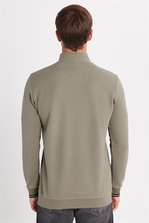 Erkek Slim Fit Dar Kesim Pamuklu Yarım Fermuarlı Dik Yaka Haki Sweatshirt