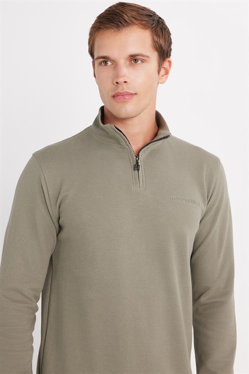 Erkek Slim Fit Dar Kesim Pamuklu Yarım Fermuarlı Dik Yaka Haki Sweatshirt