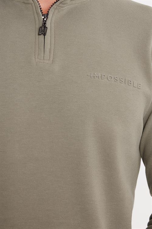Erkek Slim Fit Dar Kesim Pamuklu Yarım Fermuarlı Dik Yaka Haki Sweatshirt