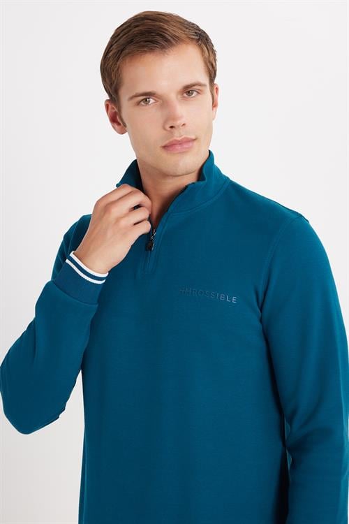 Erkek Slim Fit Dar Kesim Pamuklu Yarım Fermuarlı Dik Yaka Petrol Sweatshirt