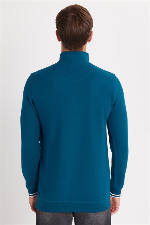 Erkek Slim Fit Dar Kesim Pamuklu Yarım Fermuarlı Dik Yaka Petrol Sweatshirt