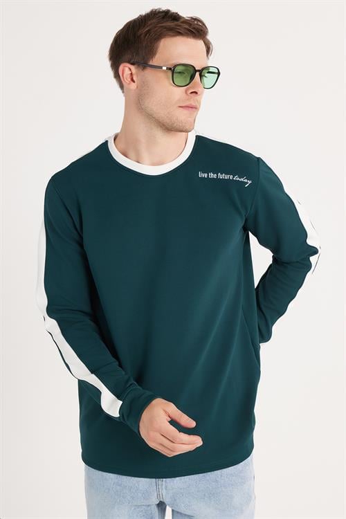 Erkek Standart Fit Pamuklu Jakarlı Bisiklet Yaka Baskılı Yeşil Sweatshirt - 1 Alana 1 Bedava
