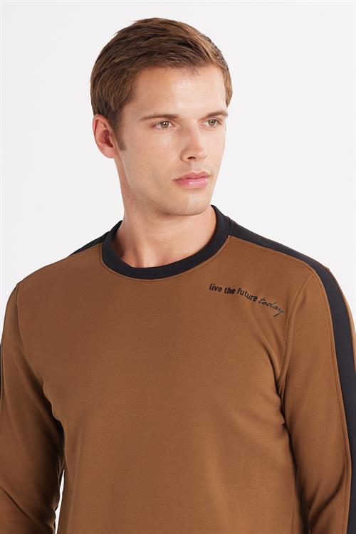 Erkek Standart Fit Pamuklu Jakarlı Bisiklet Yaka Baskılı Kahverengi Sweatshirt