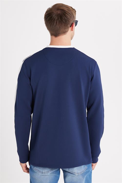 Erkek Standart Fit Pamuklu Jakarlı Bisiklet Yaka Baskılı Lacivert Sweatshirt