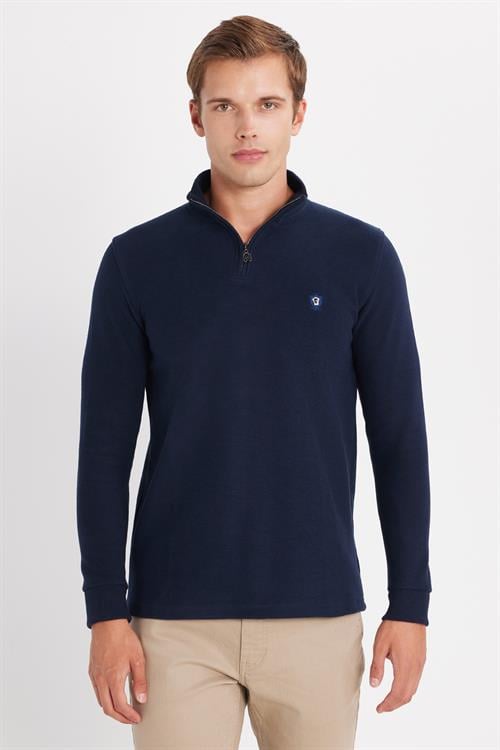 Erkek Slim Fit Dar Kesim Pamuklu Selanik Kumaş Yarım Fermuarlı Lacivert Dik Yaka Sweatshirt - 1 Alana 1 Bedava
