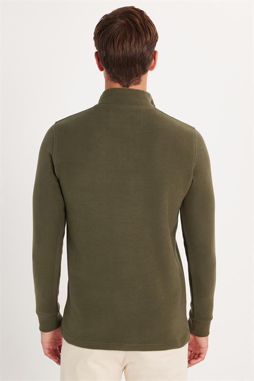 Erkek Slim Fit Dar Kesim Pamuklu Selanik Kumaş Yarım Fermuarlı Haki Dik Yaka Sweatshirt