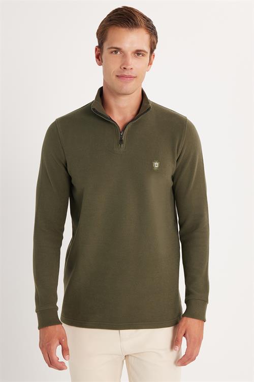 Erkek Slim Fit Dar Kesim Pamuklu Selanik Kumaş Yarım Fermuarlı Haki Dik Yaka Sweatshirt